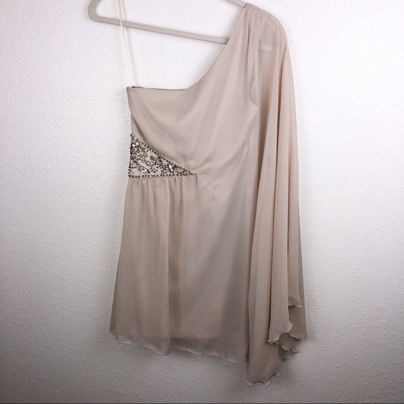 Free People Dress Size 2 Fairy One Shoulder Chiffon Goddess Champagne beaded P - Picture 6 of 8
